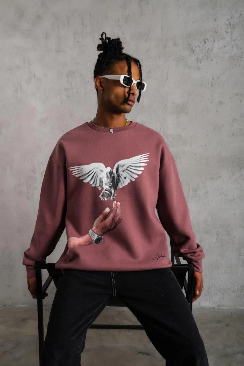 ASSEMA Erkek Güvercin Baskılı Sweatshirt üç iplik pamuklu - Gül Kurusu