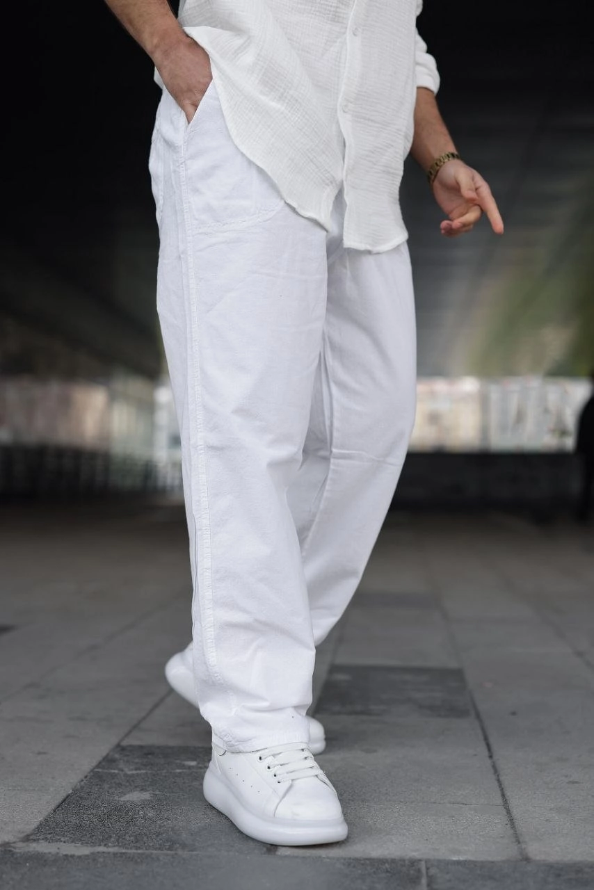 Erkek Ham Keten Beli Lastikli Cepli Regular Fit Boru Paça Pantolon - Beyaz