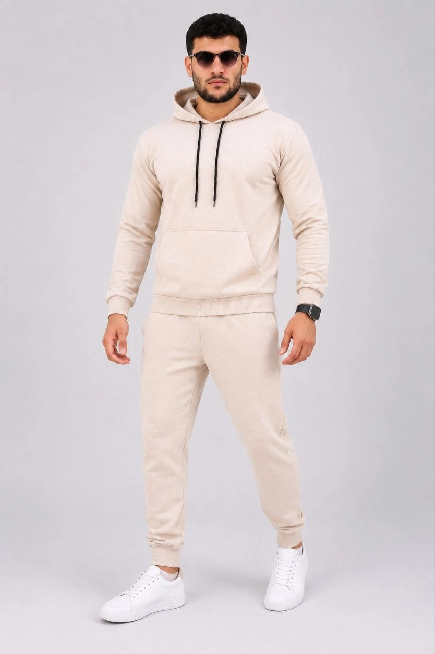 Erkek İki İplik Kapüşonlu Kanguru Cepli Sweatshirt Jogger Pantolon Alt Üst Eşofman Takımı -Bej