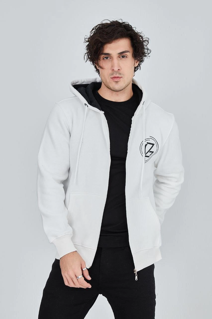Erkek 3 İplik Pamuklu Fermuarlı Kapüşonlu Kanguru Cepli Baskılı Hoodie Hırka Sweatshirt - Beyaz