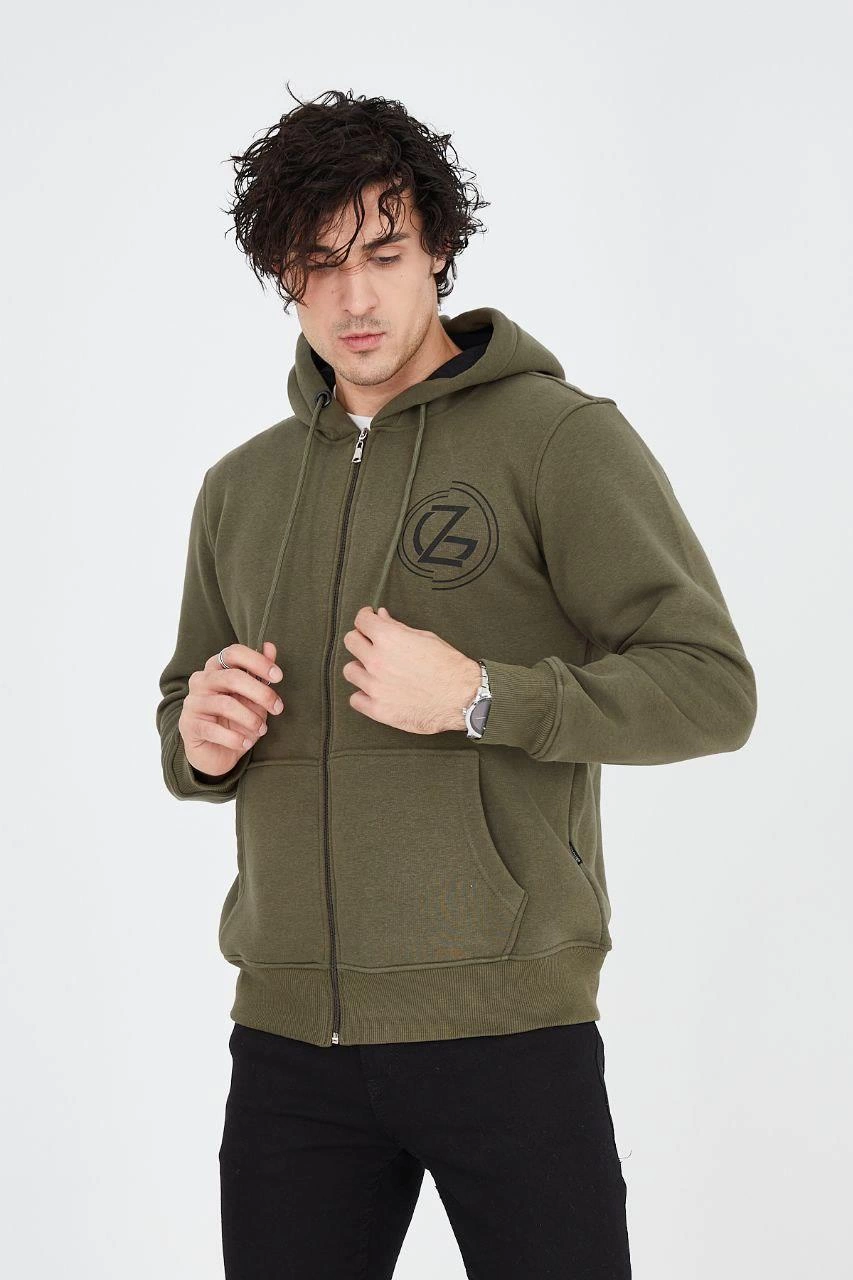 Erkek 3 İplik Pamuklu Fermuarlı Kapüşonlu Kanguru Cepli Baskılı Hoodie Hırka Sweatshirt - Yeşil
