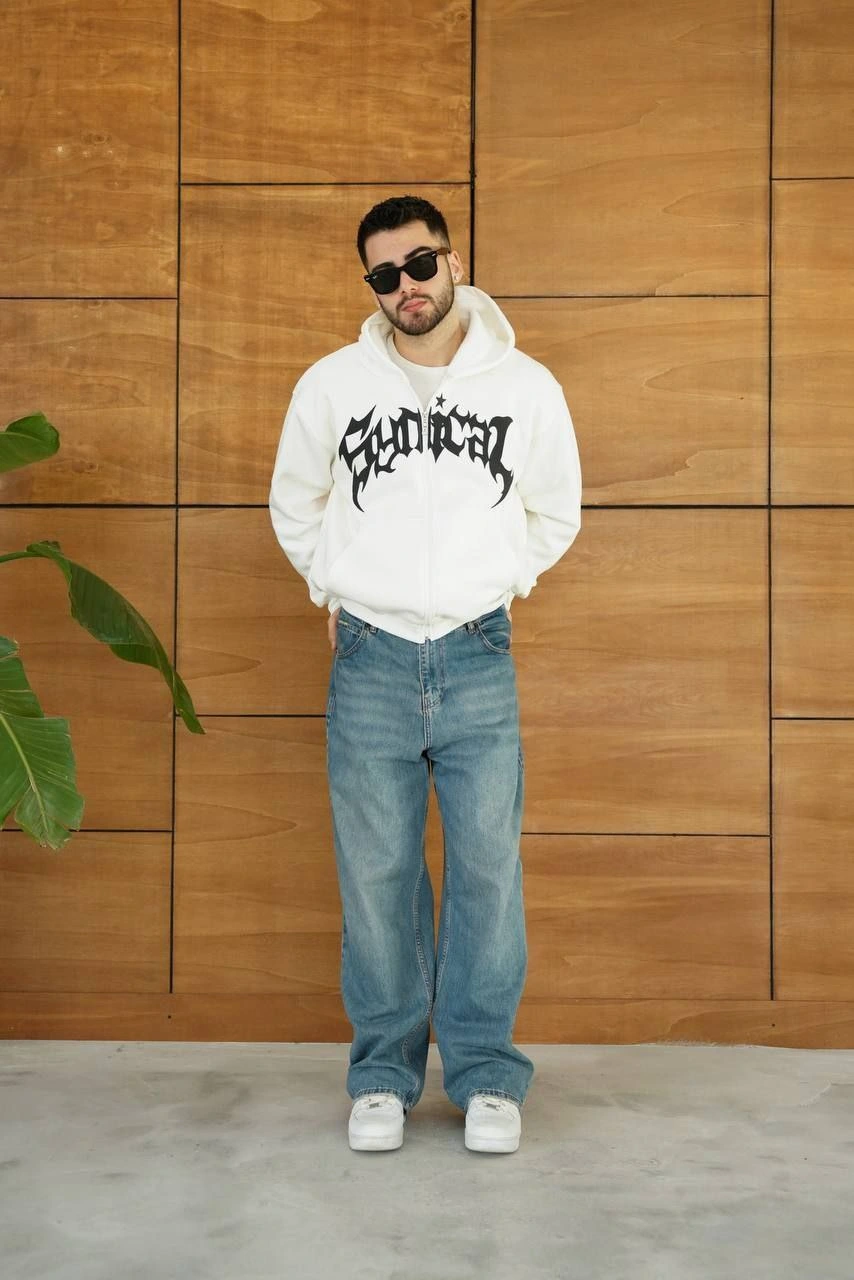 ASSEMA Erkek Kapüşonlu 3 İplik Şardonlu Önü Baskılı Fermuarlı Oversize Sweatshirt - Beyaz