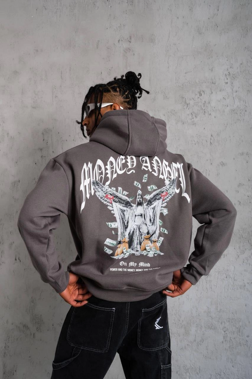 ASSEMA Erkek Kordon İpli Baskılı Kapüşonlu üç iplik pamuklu Sweatshirt - Füme