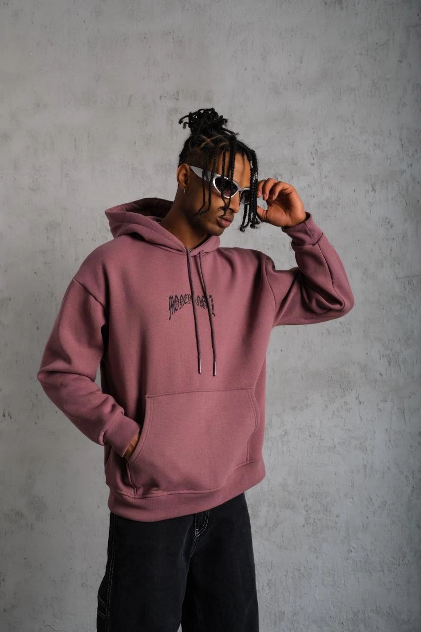 ASSEMA Erkek Kordon İpli Baskılı Kapüşonlu üç iplik pamuklu Sweatshirt - Gül Kurusu
