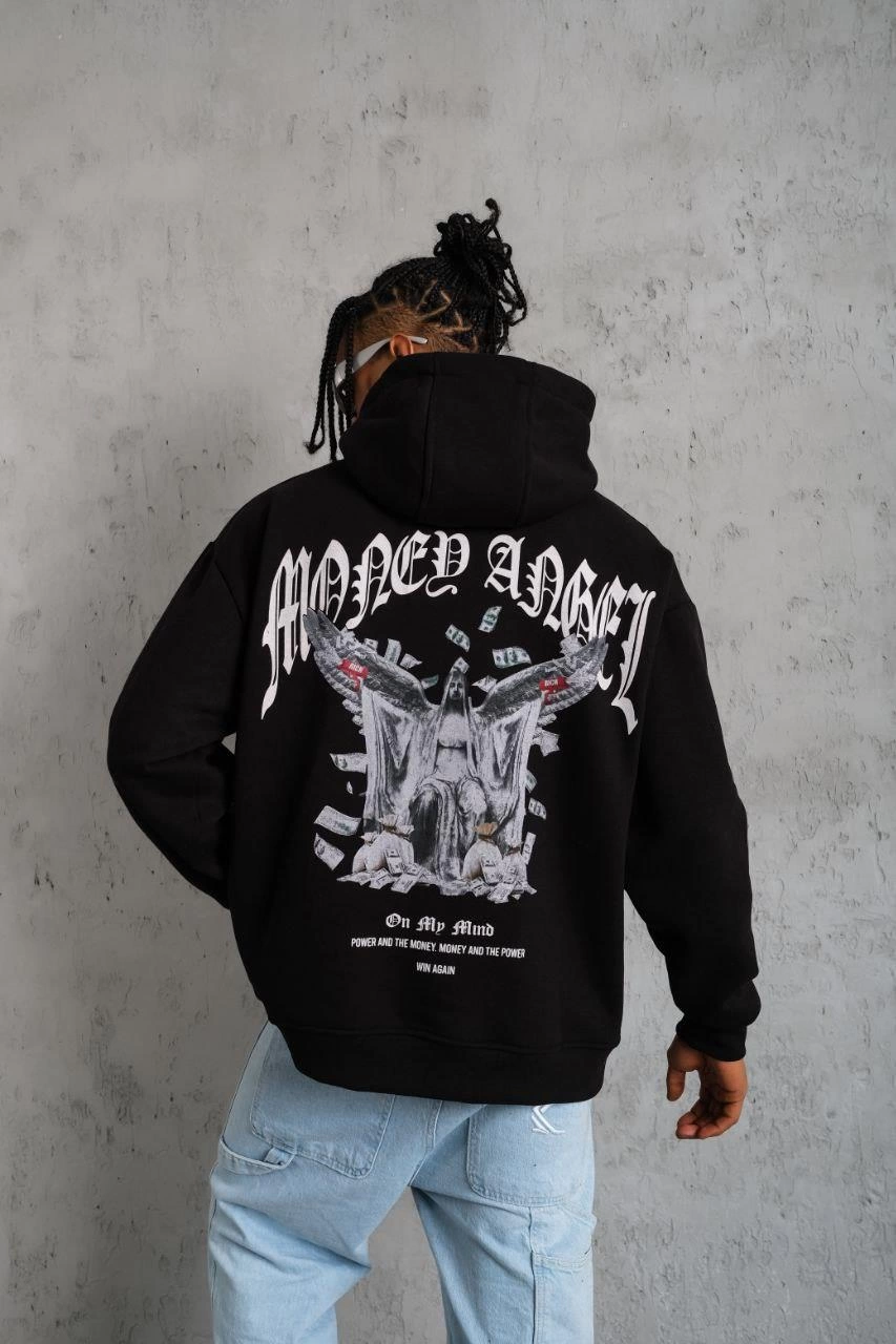 ASSEMA Erkek Kordon İpli Baskılı Kapüşonlu üç iplik pamuklu Sweatshirt - Siyah