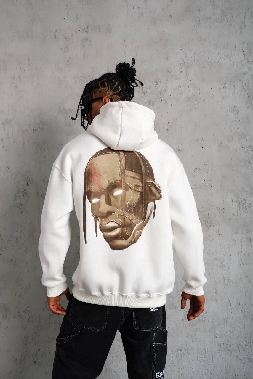 ASSEMA Erkek Kordonlu Arka Maske Kordon Saçlı Kapüşonlu sweatshirt - Beyaz