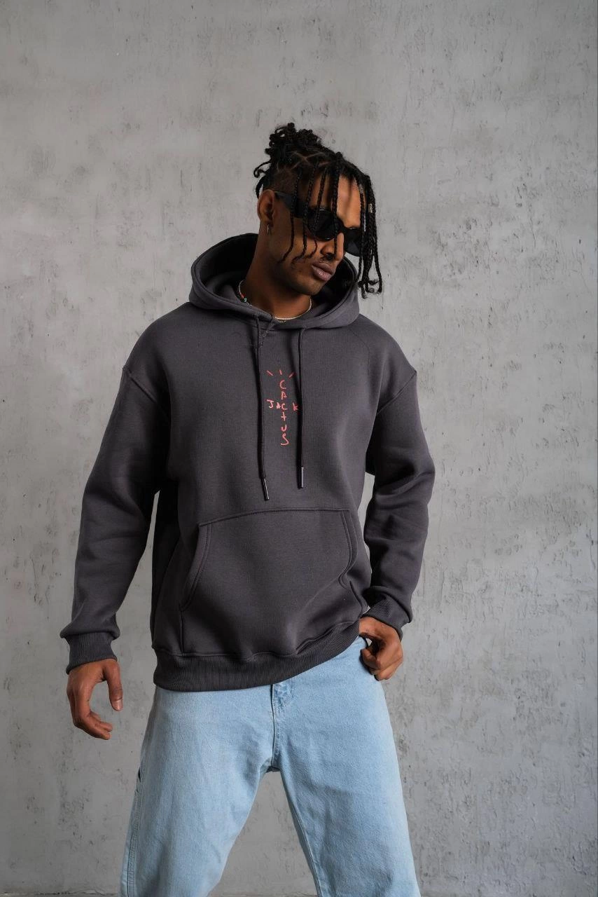 ASSEMA Erkek Kordonlu Arka Maske Kordon Saçlı üç iplik pamuklu Kapüşonlu sweatshirt - Füme