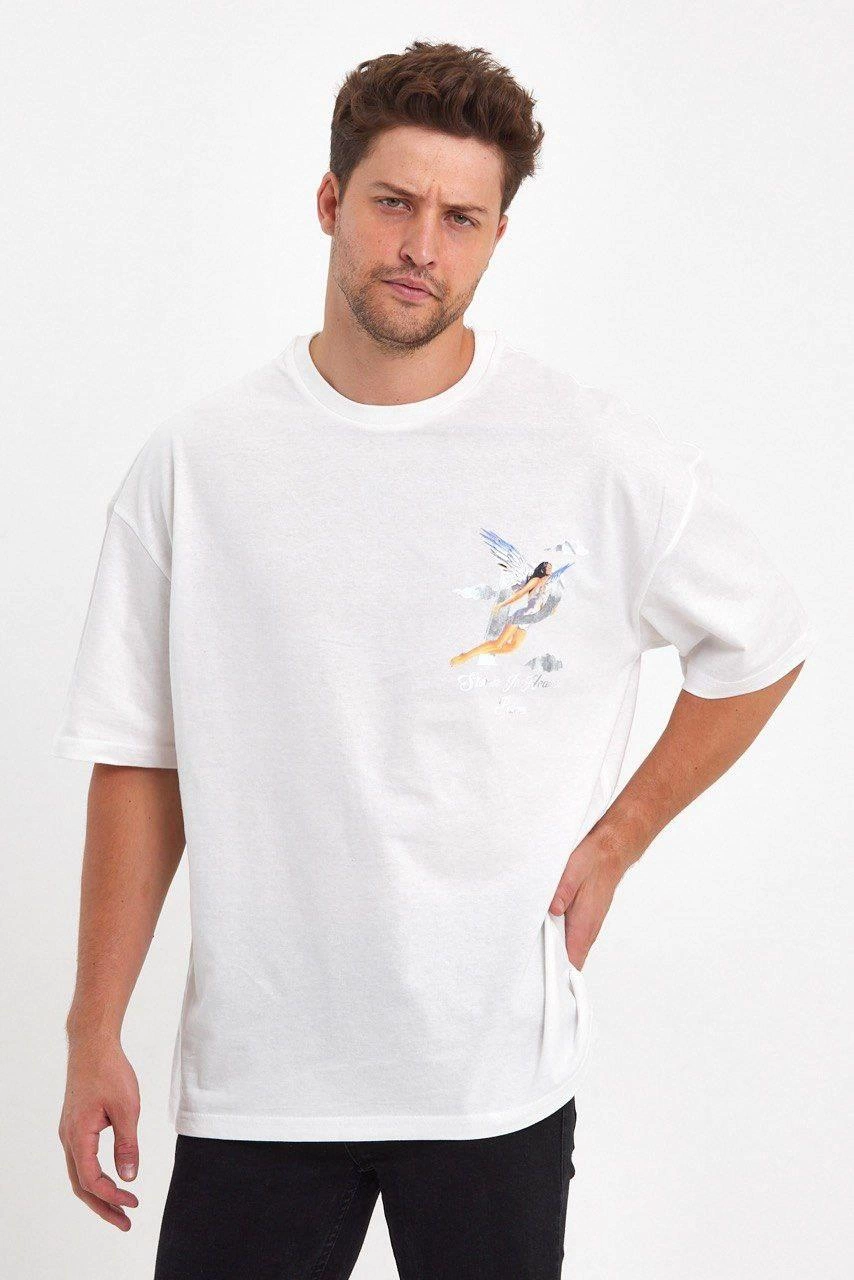 ASSEMA Erkek Melek Baskılı T-Shirt Kısa Kol Bisiklet Yaka Regular Fit Rahat Kalıp Tişört - Beyaz