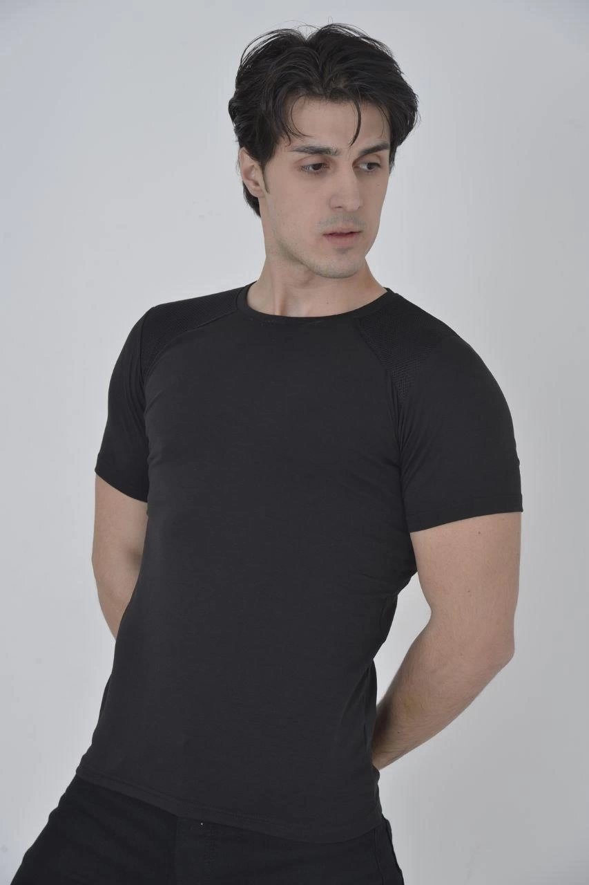 ASSEMA Erkek Omuz Fileli T-Shirt Kısa Kol Bisiklet Yaka Slimfit Tişört - Siyah