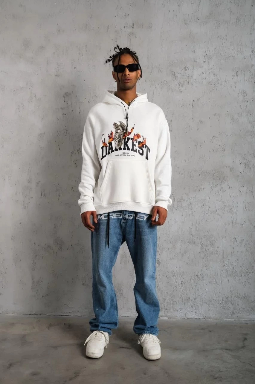 ASSEMA Erkek Oversize Kapüşonlu Sweatshirt Beyaz Üç İplik İçi Pamuklu Kanguru Cepli - Beyaz