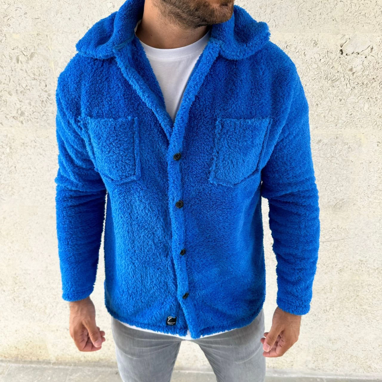 ASSEMA Erkek Pelüş Polar Hırka Gömlek - Yakalı, İlik Düğmeli, Göğüs Cepli, Yumuşak Dokulu Kışlık Regular Fit Rahat Günlük Model - Saks Mavisi