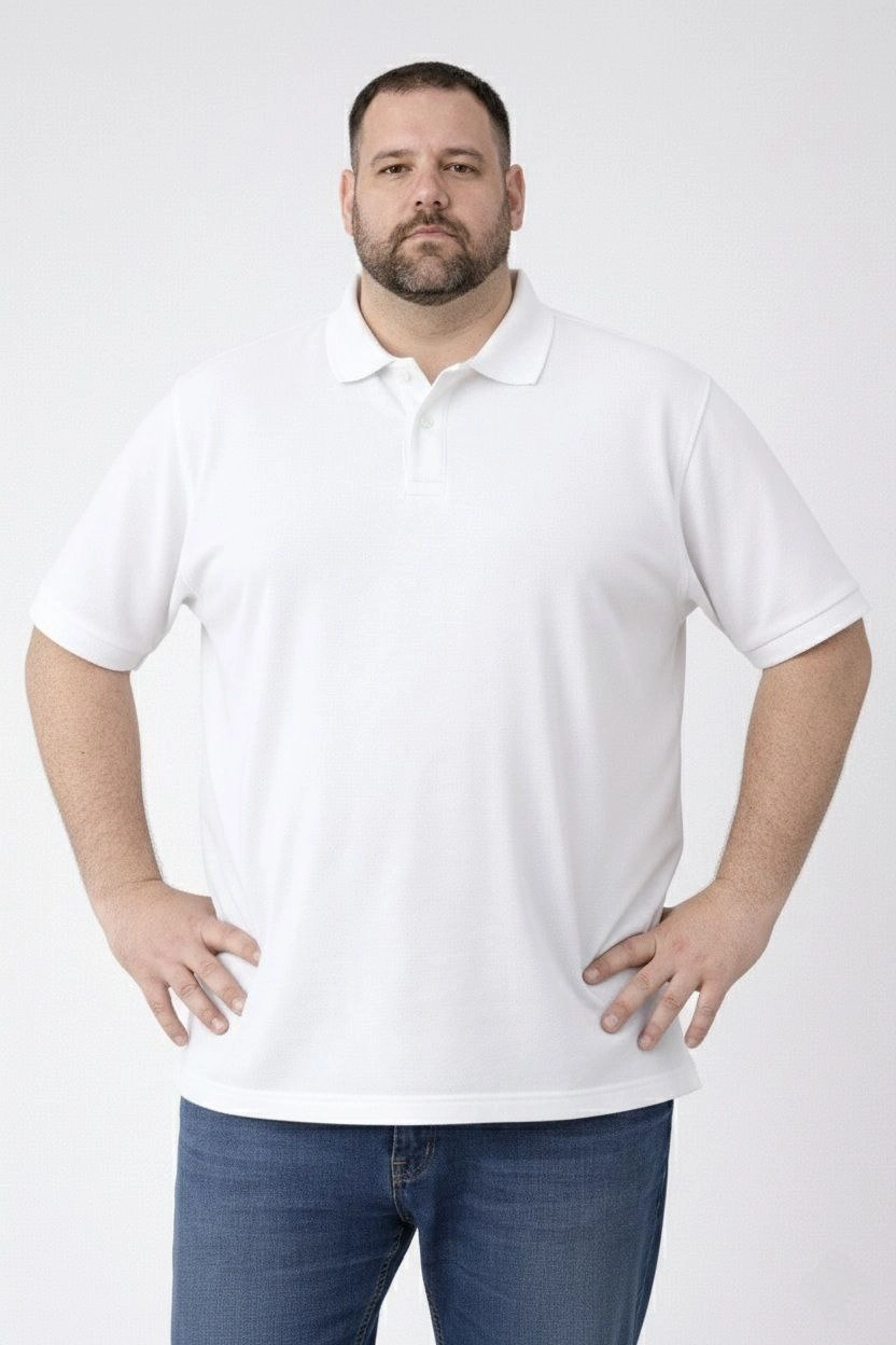 ASSEMA Erkek Pike Kumaş Düğmeli Yaka Battal Büyük Beden Günlük Kısa kol Tişört T-shirt - Beyaz