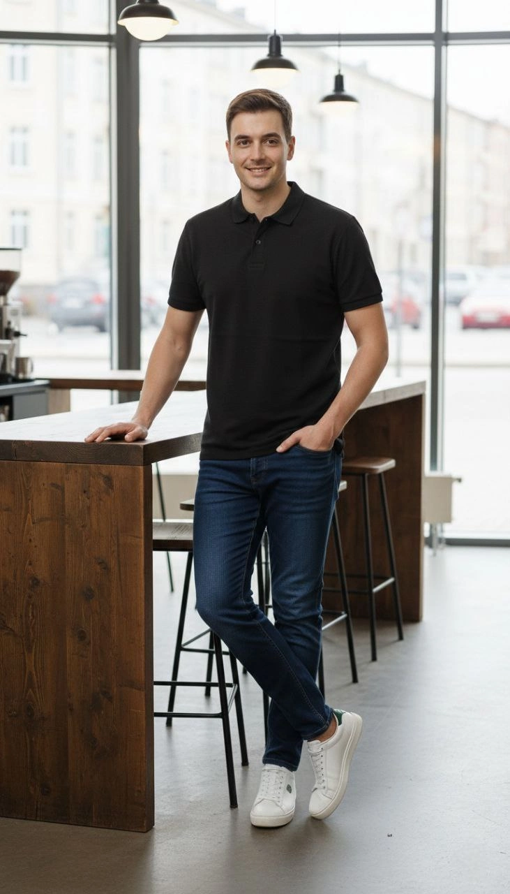 ASSEMA Erkek Pike Kumaş Düğmeli Yaka Regular Fit Günlük Kısa kol Tişört T-shirt - Siyah