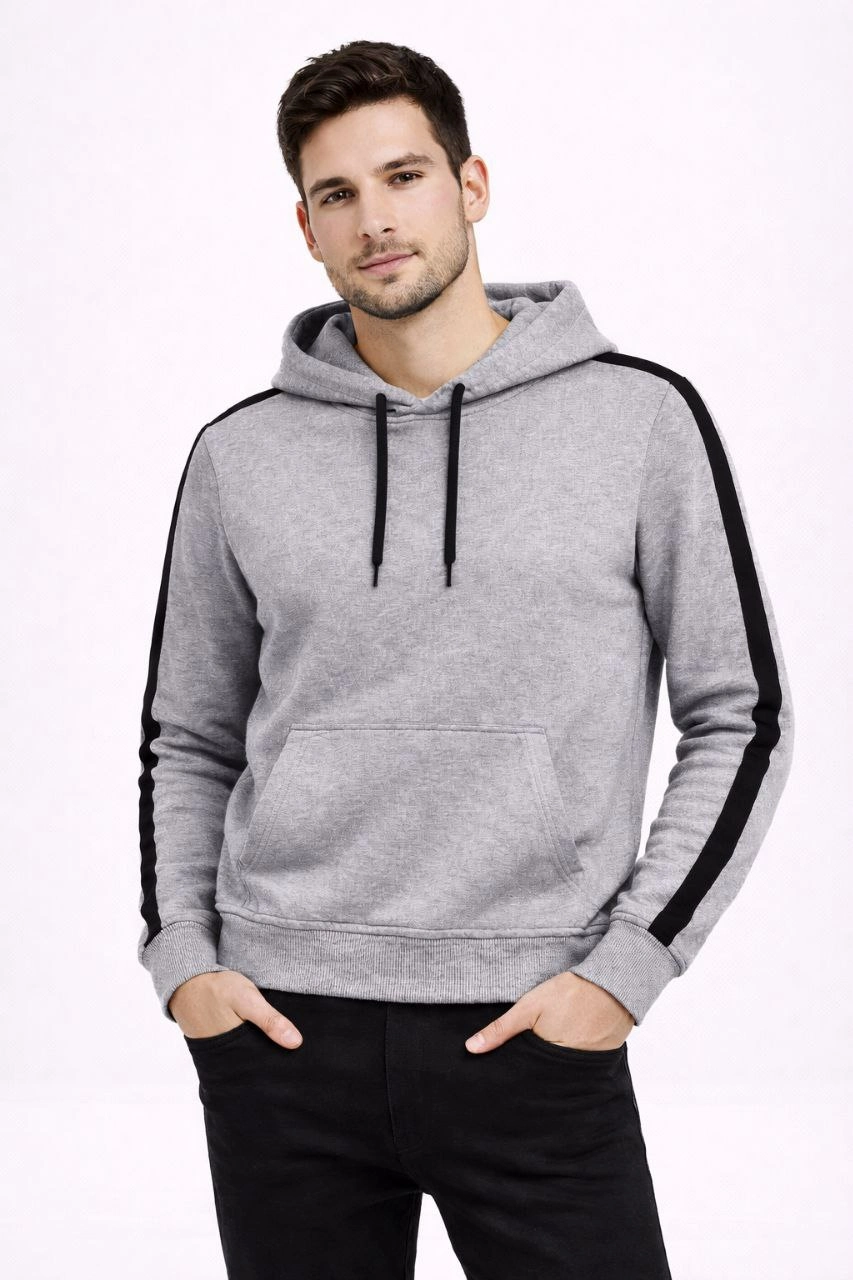 ASSEMA Erkek Şeritli Kapüşonlu Sweatshirt Oversize 3 iplik Pamuklu - Gri