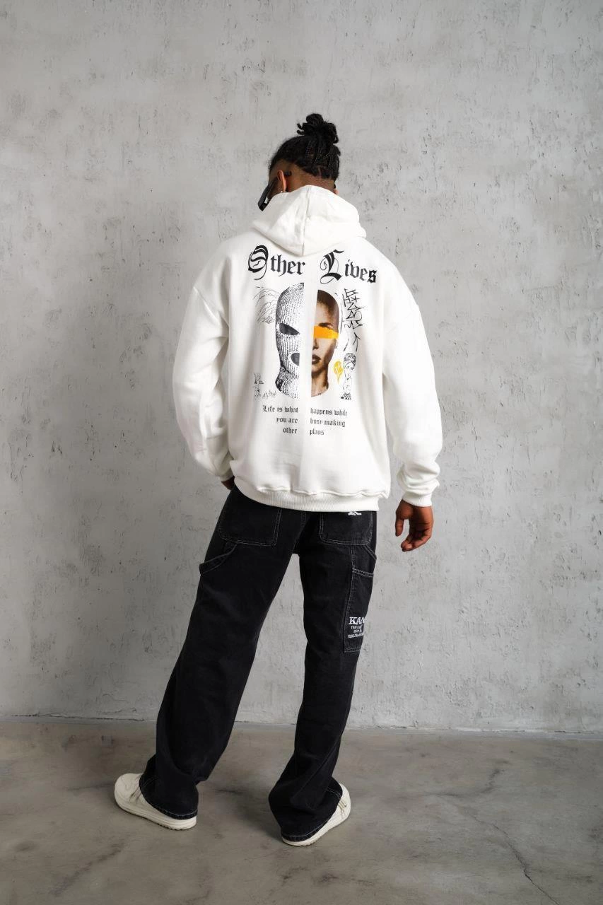 ASSEMA Erkek Kapşonlu Sweatshirt Oversize Üç İplik Şardonlu Other Lives Ön Arka Baskılı - Beyaz