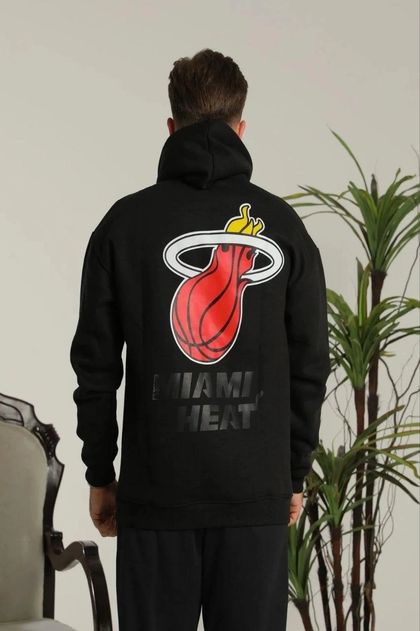 ASSEMA Erkek Oversize Üç İplik Kapüşonlu Sweatshirt -Sırt ve Ön Baskılı Kanguru Cepli - Siyah