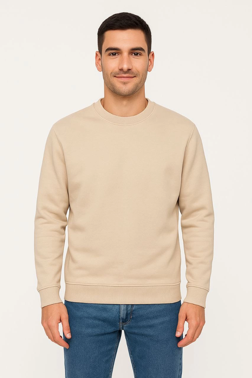 ASSEMA Erkek Üç İplik Düz Bisiklet Yaka SweatShirt - Bej
