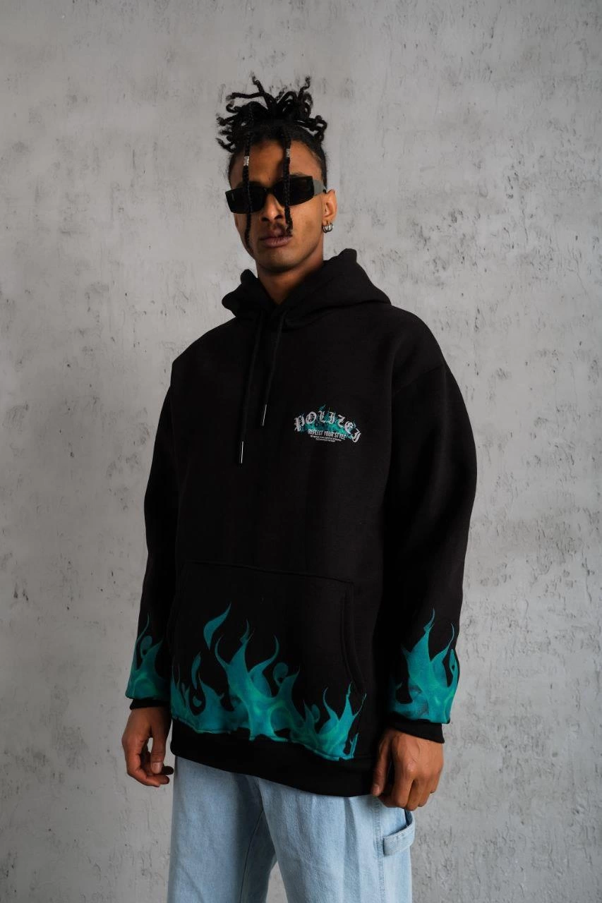ASSEMA Erkek Üç İplik İçi Pamuklu Alev Baskılı Kapüşonlu Sweatshirt - Siyah