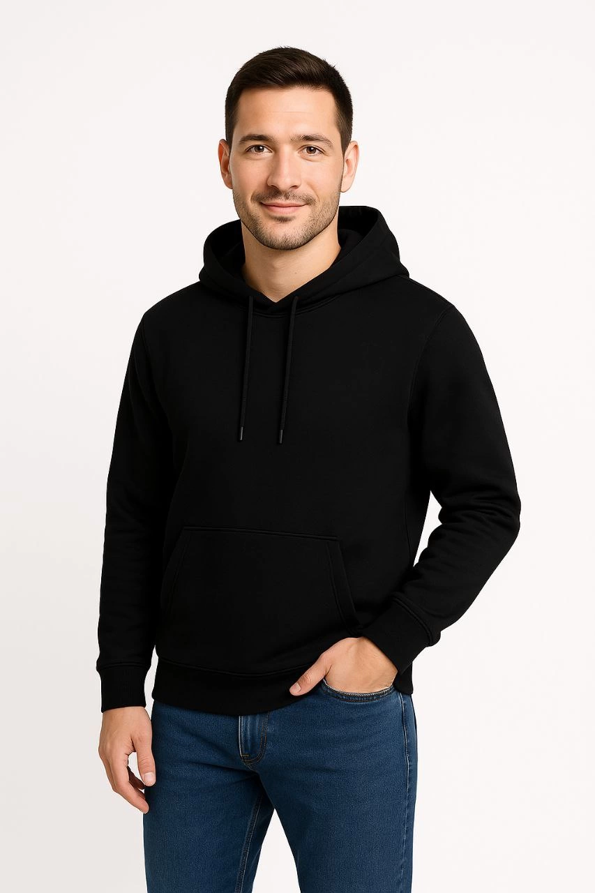ASSEMA Erkek Üç İplik Kapüşonlu Kanguru Cepli SweatShirt hoodie - Siyah