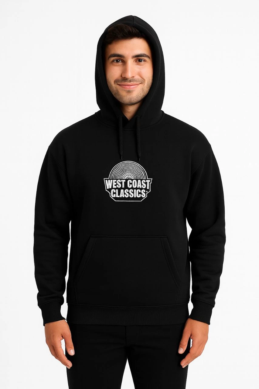 ASSEMA Erkek Kapşonlu Sweatshirt Oversize Üç İplik Şardonlu West Coast Classics Ön Arka - Siyah