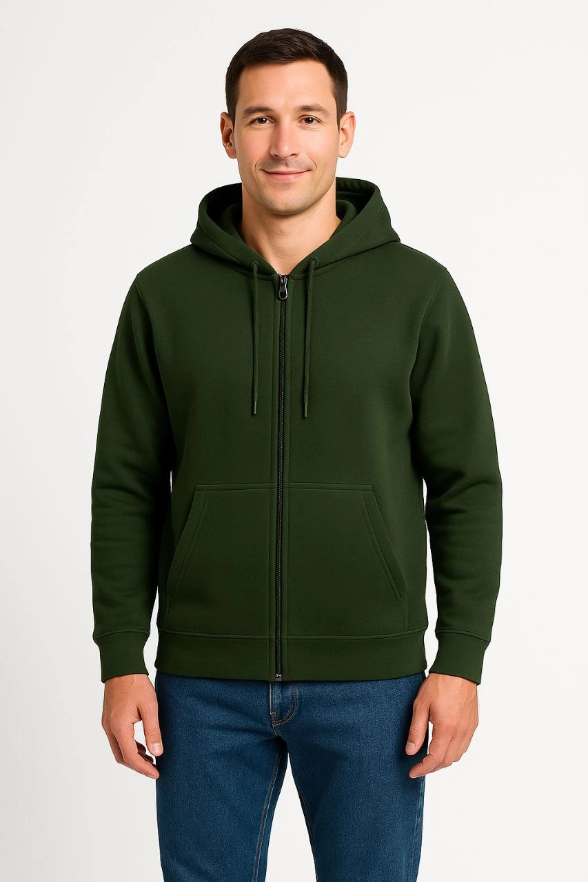 ASSEMA Erkek Üç İplik Kapüşonlu Tam Fermuarlı Kanguru Cepli Sweatshirt Hoodie - Haki