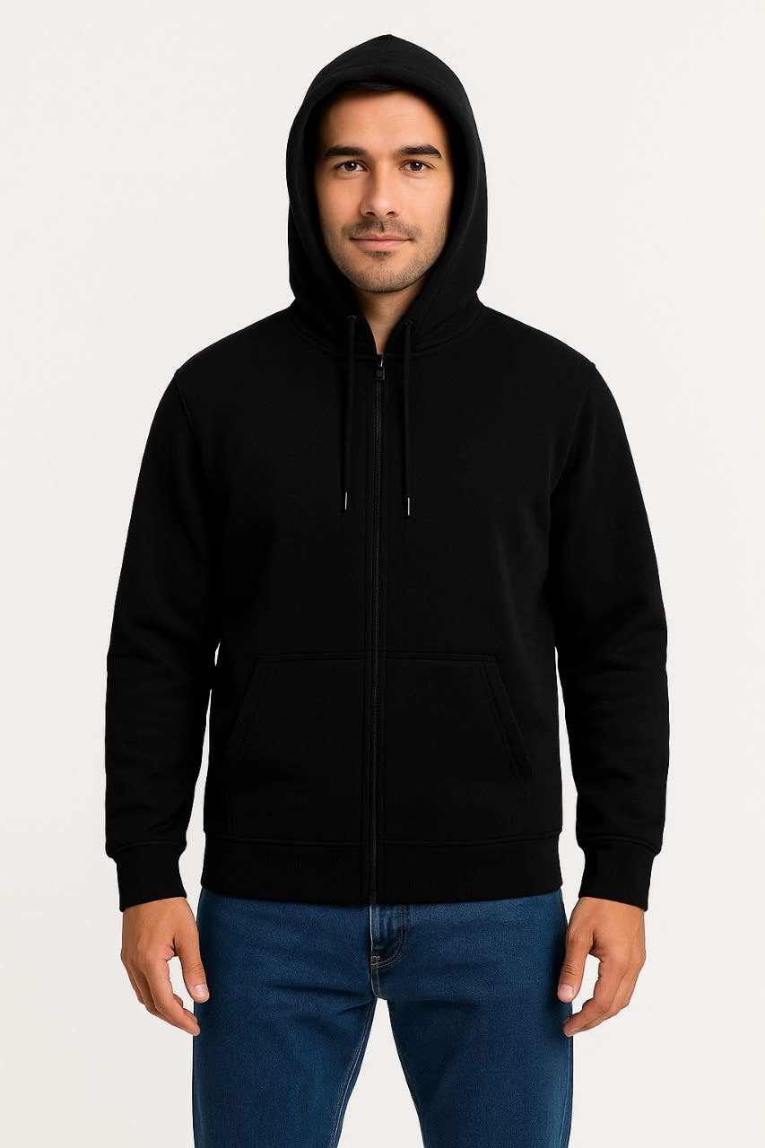 ASSEMA Erkek Üç İplik Kapüşonlu Tam Fermuarlı Kanguru Çepli SweatShirt Hoodie - Siyah