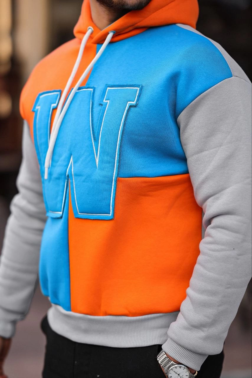 ASSEMA Erkek W Nakış İşlemeli Kapüşonlu üç iplik pamuklu Sweatshirt - Mavi