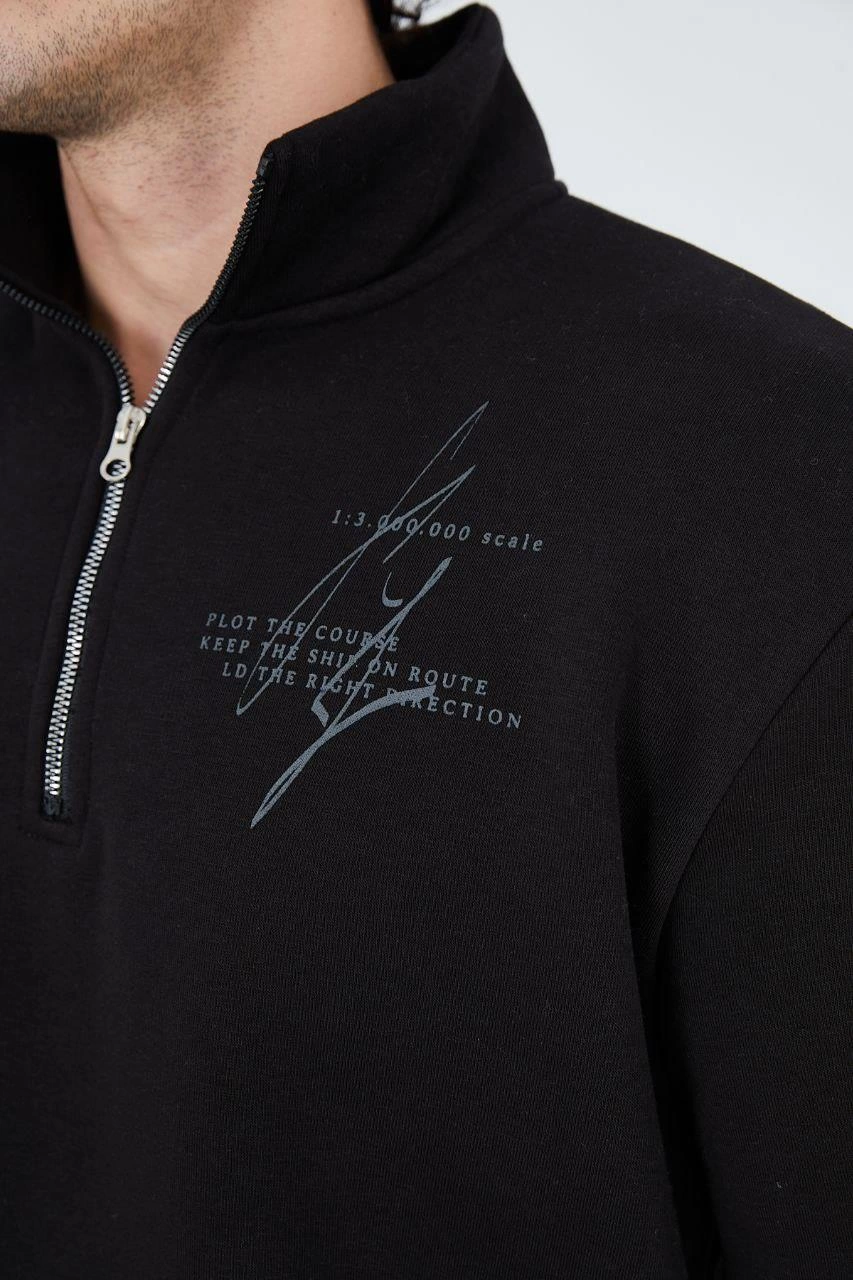 ASSEMA Erkek Yarım Fermuarlı Baskılı üç iplik pamuklu sweatshirt - Siyah
