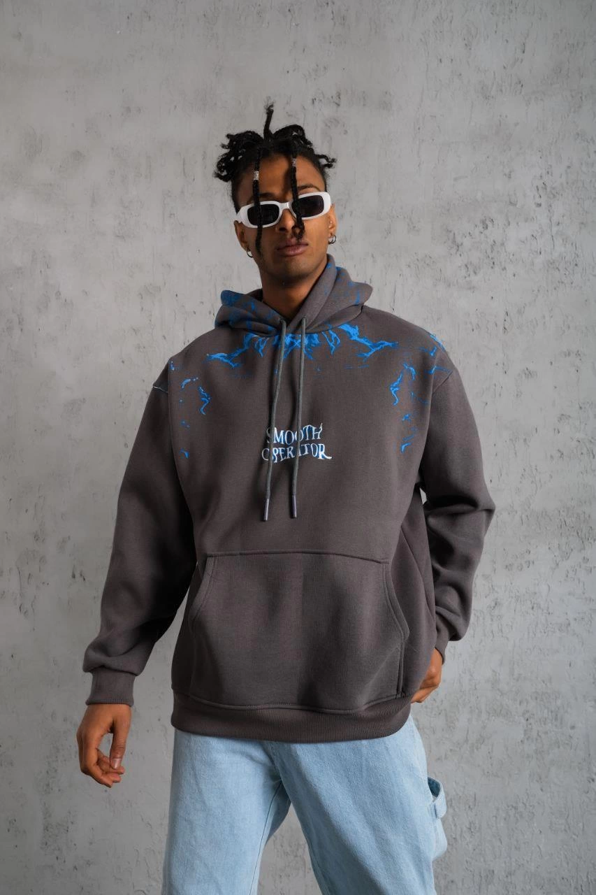 ASSEMA Erkek Yıldırım Baskılı Kapşonlu üç iplik pamuklu Sweatshirt - Gri