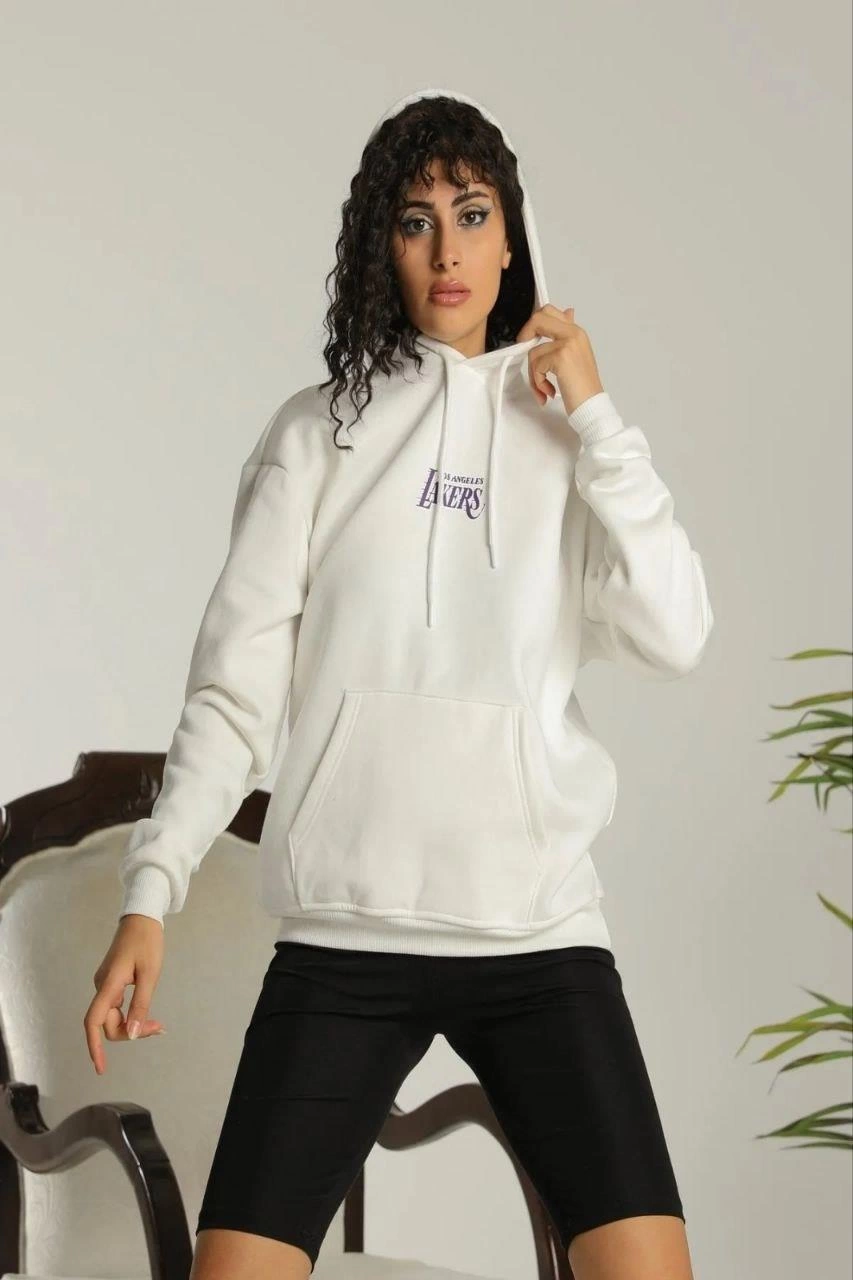 ASSEMA Kadın 24 Sırt Baskılı Ovresize Üç İplik Kapüşonlu Sweatshirt - Beyaz