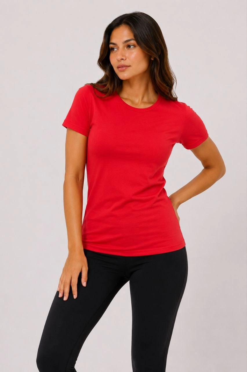 Kadın 3 lü Kısa Kollu Bisiklet Yaka Basic Slim Fit T-Shirt - Kırmızı - Turuncu - Bej