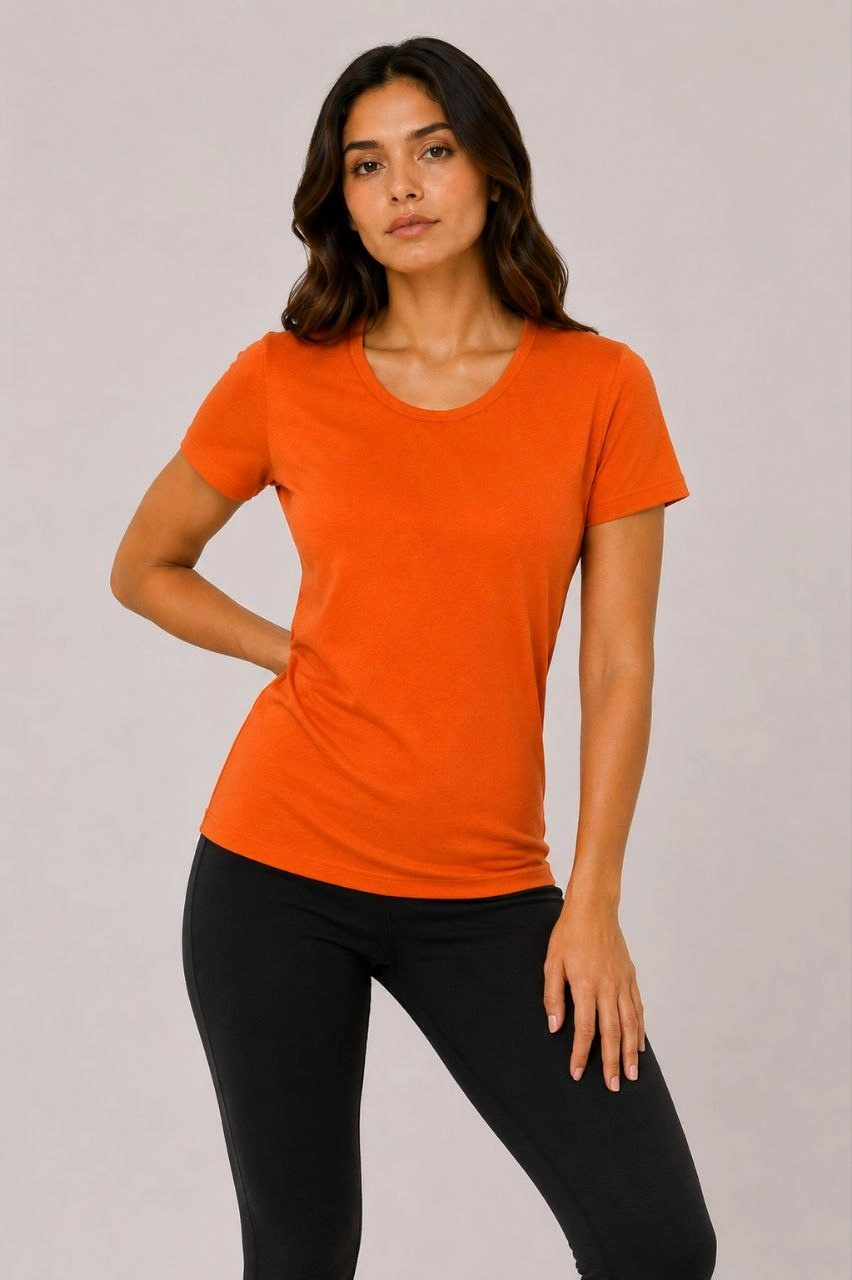Kadın 3 lü Kısa Kollu Bisiklet Yaka Basic Slim Fit T-Shirt - Turuncu - Bej - Hardal