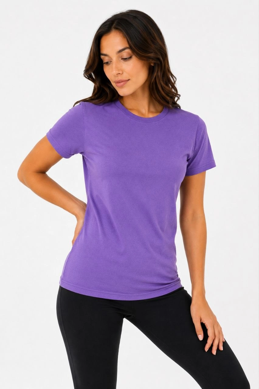 Kadın Basic Bisiklet Yaka Yazlık Slim fit T-Shirt - Mor & Turuncu