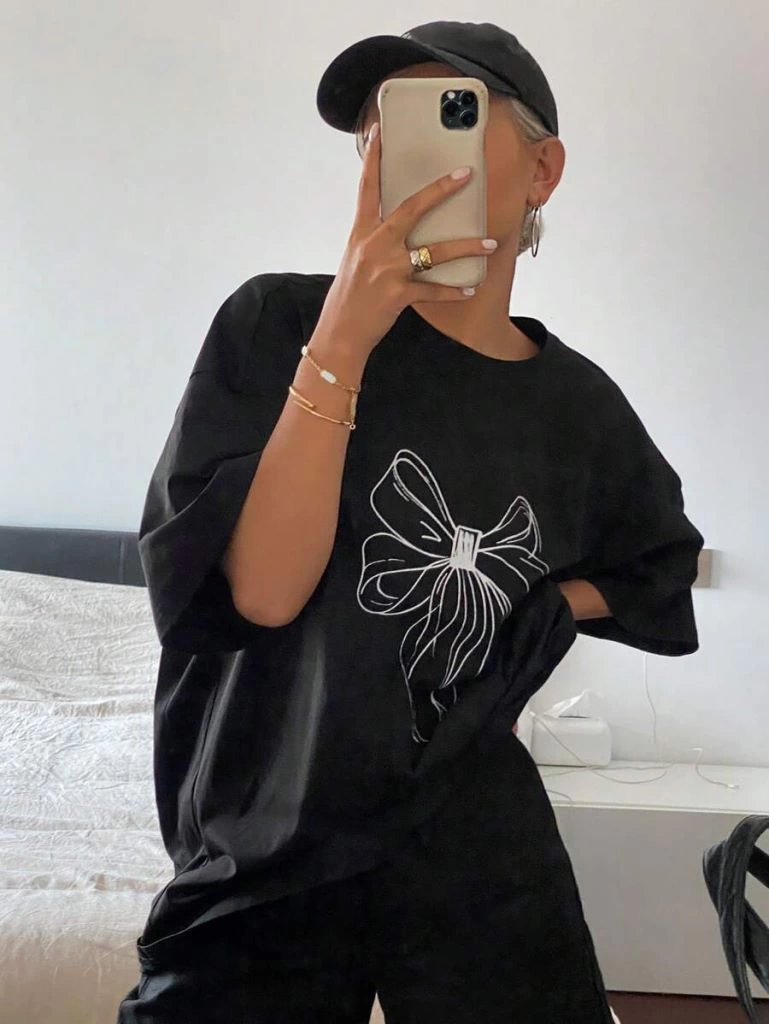 ASSEMA Kadın Baskılı Kısa kol Oversize T-shirt - Siyah