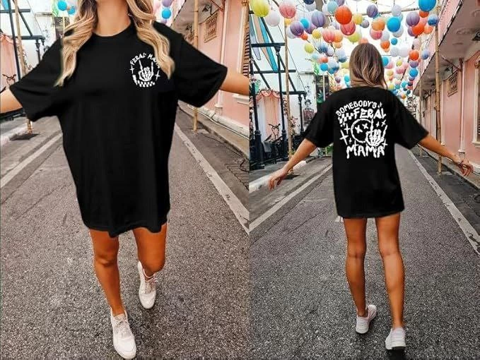 ASSEMA Kadın Baskılı T-Shirt Kısa Kol Bisiklet Yaka Ovarsize Rahat Kalıp Tişört - Siyah