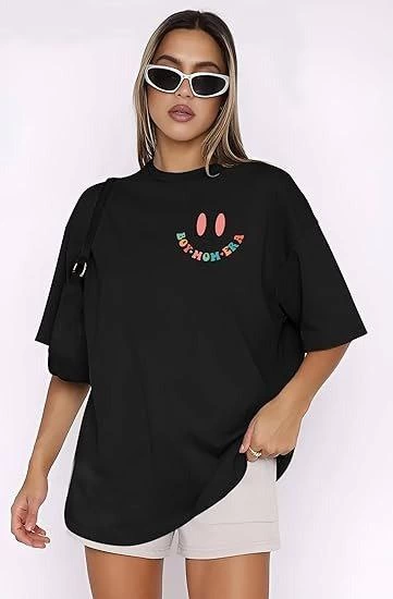 ASSEMA Kadın Baskılı T-Shirt Kısa Kol Bisiklet Yaka Ovarsize Rahat Kalıp Tişört - Siyah