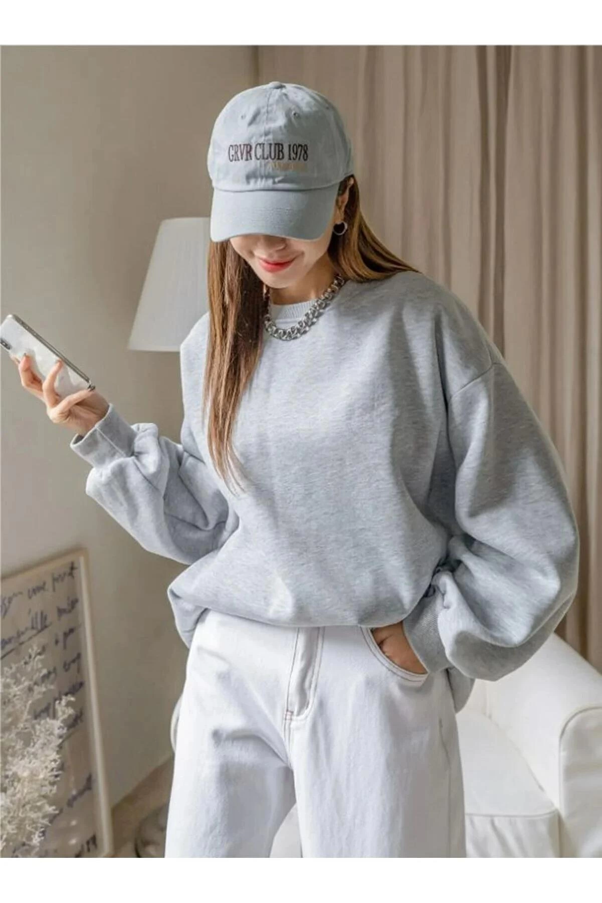 ASSEMA Kadın Düz Bisiklet Yaka üç iplik pamuklu sweatshirt - Gri