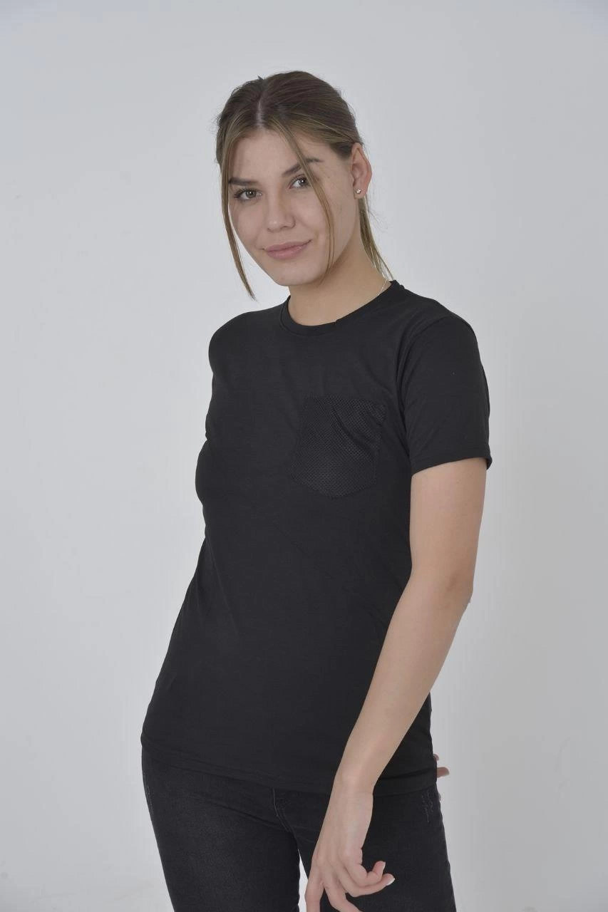 ASSEMA Kadın File Cepli T-Shirt Kısa Kol Bisiklet Yaka Slimfit Tişört - Siyah