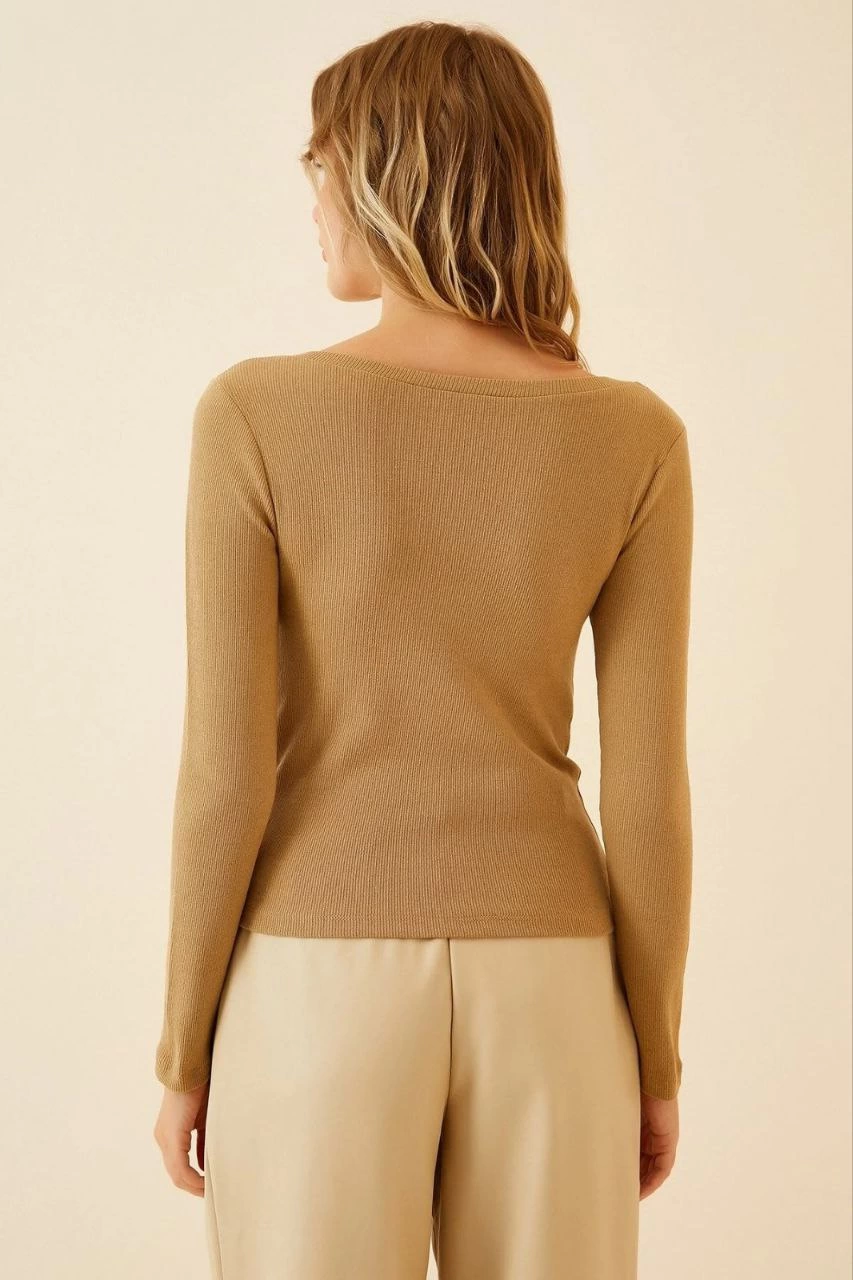 ASSEMA Kadın Fitilli Likralı Body Crop - Camel