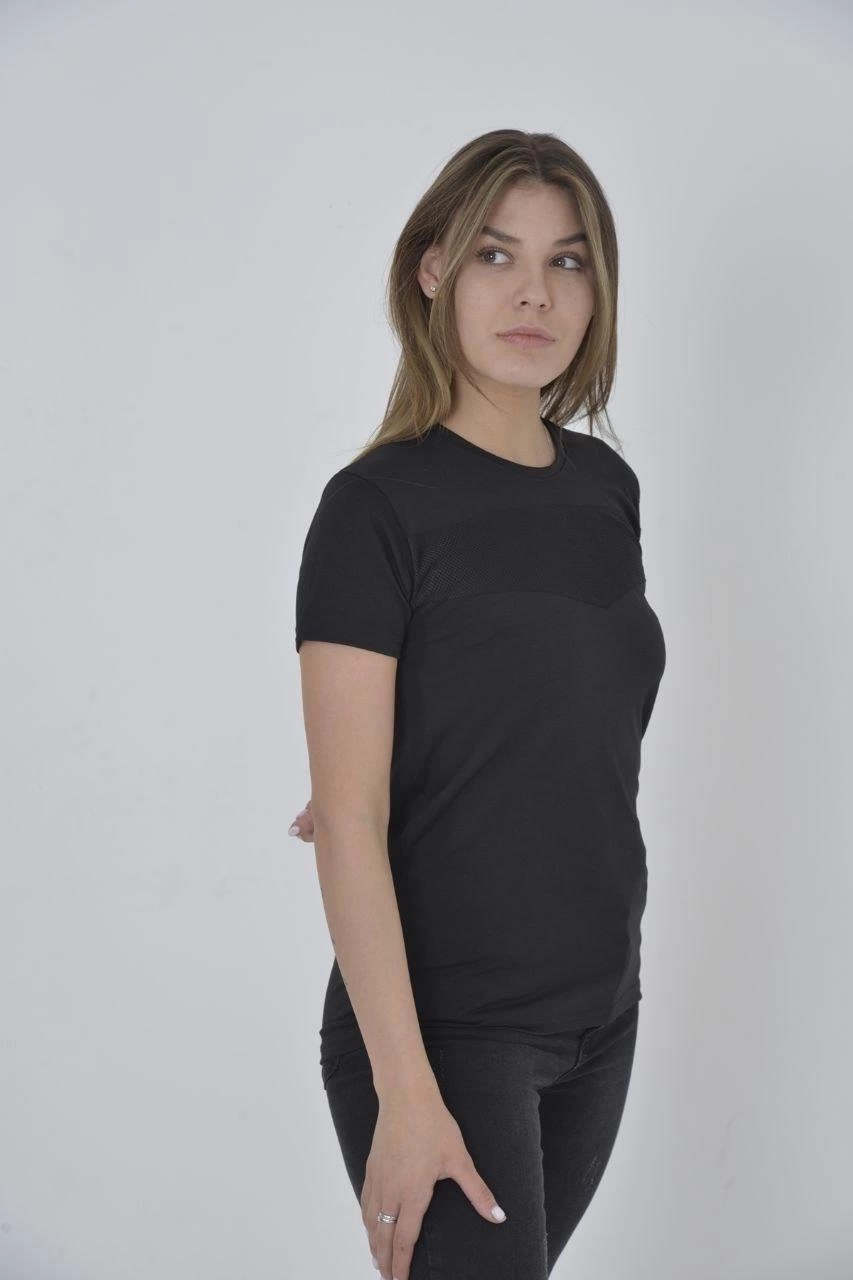 ASSEMA Kadın Gögüs Fileli T-Shirt Kısa Kol Bisiklet Yaka Slimfit Tişört - Siyah