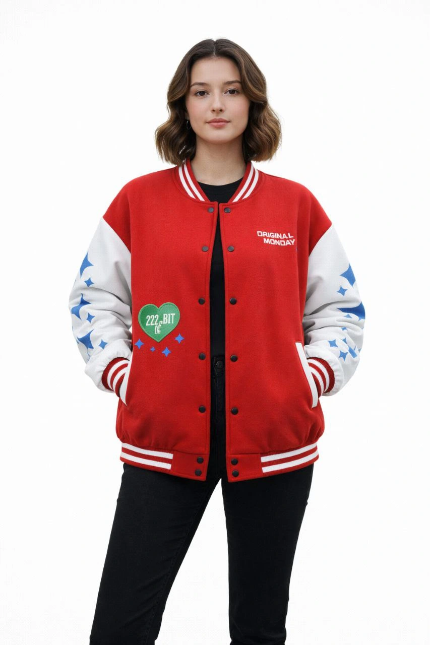 ASSEMA Kadın Kırmızı Varsity Çıtçıtlı Baskılı Oversize kalıp Kolej Ceket - Kırmızı