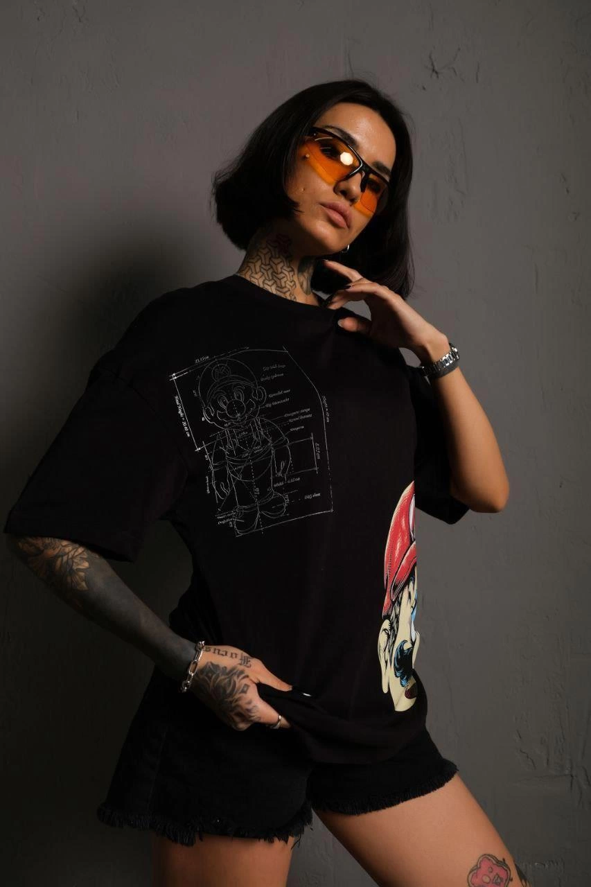 ASSEMA Kadın Mario Baskılı T-Shirt Oversize Kısa kol Bisiklet yaka tişort - Siyah