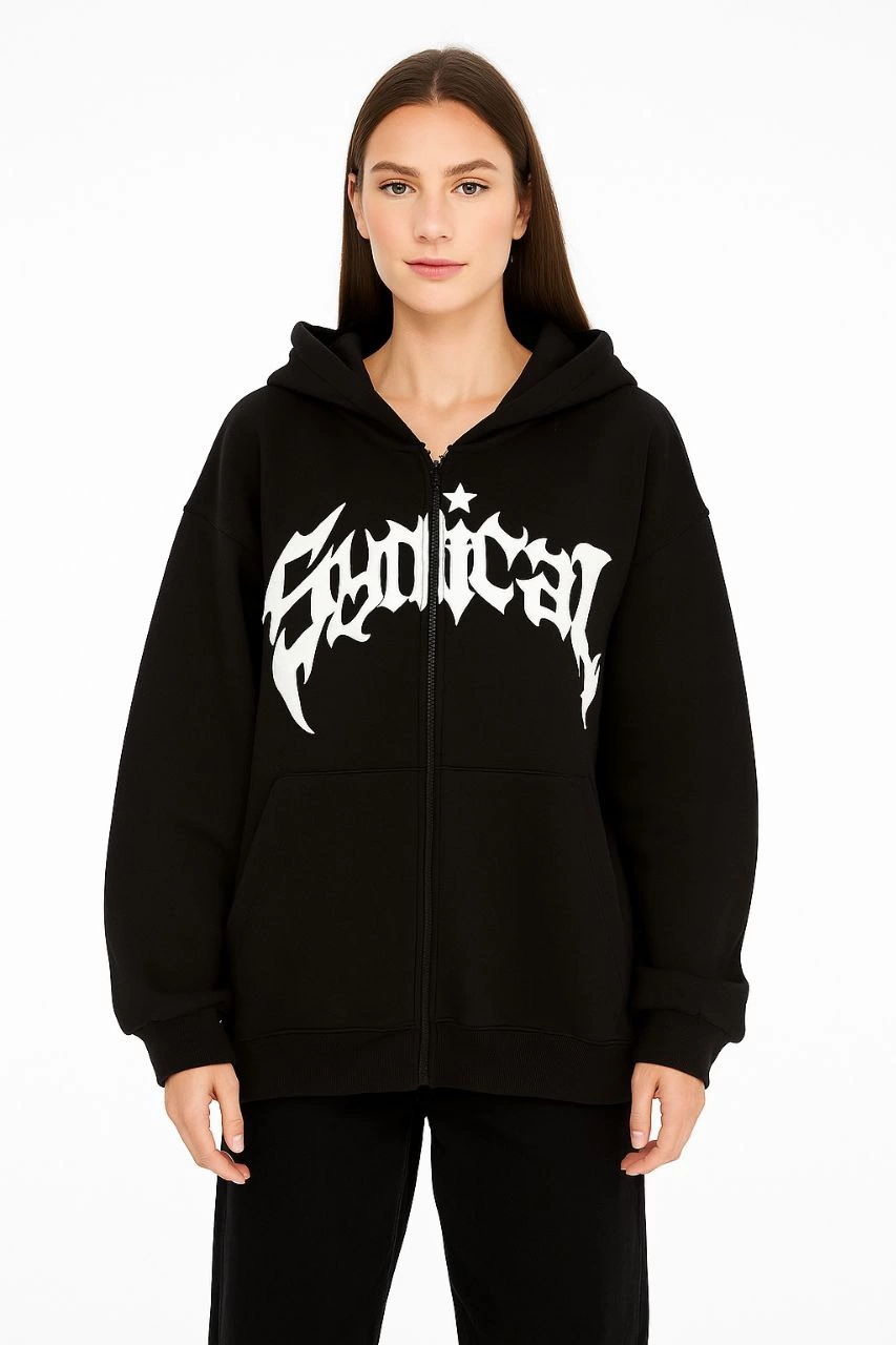 ASSEMA Kadın Kapüşonlu 3 İplik Şardonlu Önü Baskılı Fermuarlı Oversize Sweatshirt - Siyah