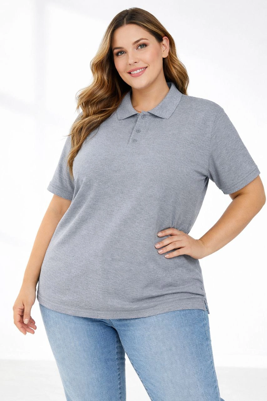 ASSEMA Kadın Pike Kumaş Düğmeli Yaka Battal Büyük Beden Günlük Kısa kol Tişört T-shirt - Gri
