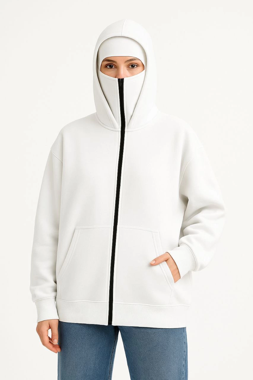 ASSEMA Kadın Samuray Ninja Çift Kapüşonlu Maske Detaylı Fermuarlı Kanguru Cepli Hoodie - Beyaz