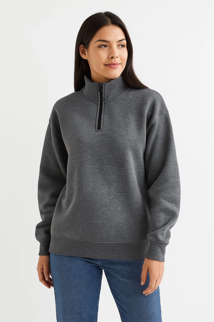 ASSEMA Kadın Üç İplik Dık Yaka Yarım Fermuarlı SweatShirt - Antrasit