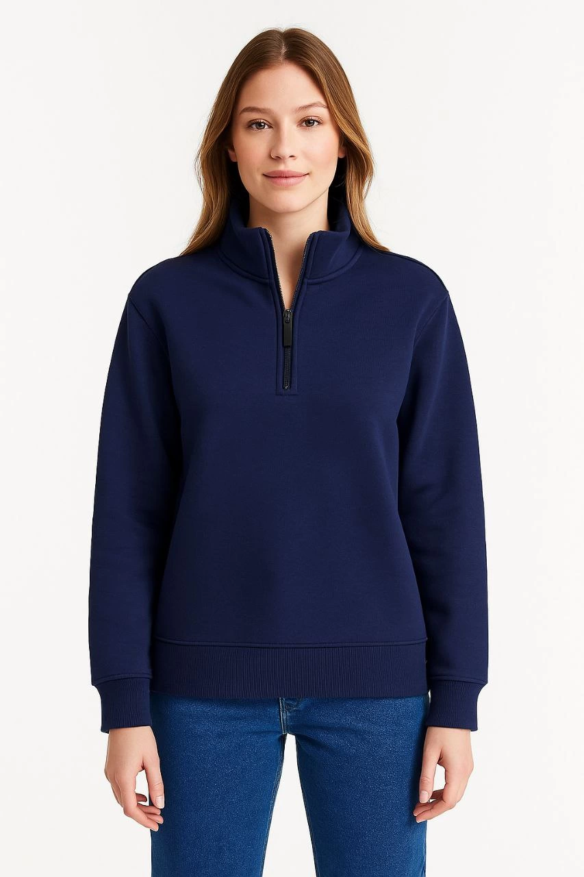 ASSEMA Kadın Üç İplik Dık Yaka Yarım Fermuarlı SweatShirt - Lacivert