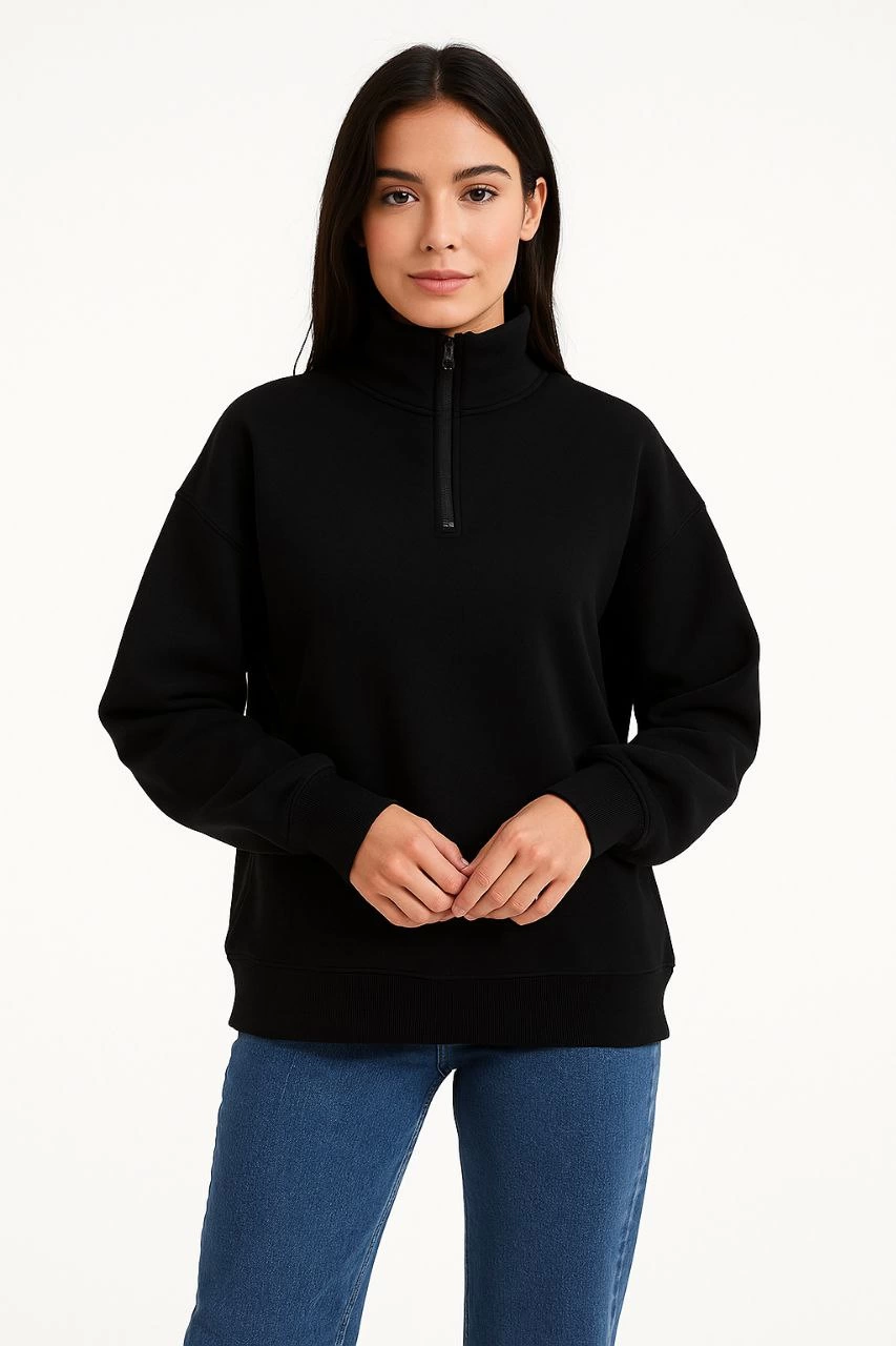 ASSEMA Kadın Üç İplik Dık Yaka Yarım Fermuarlı SweatShirt - Siyah