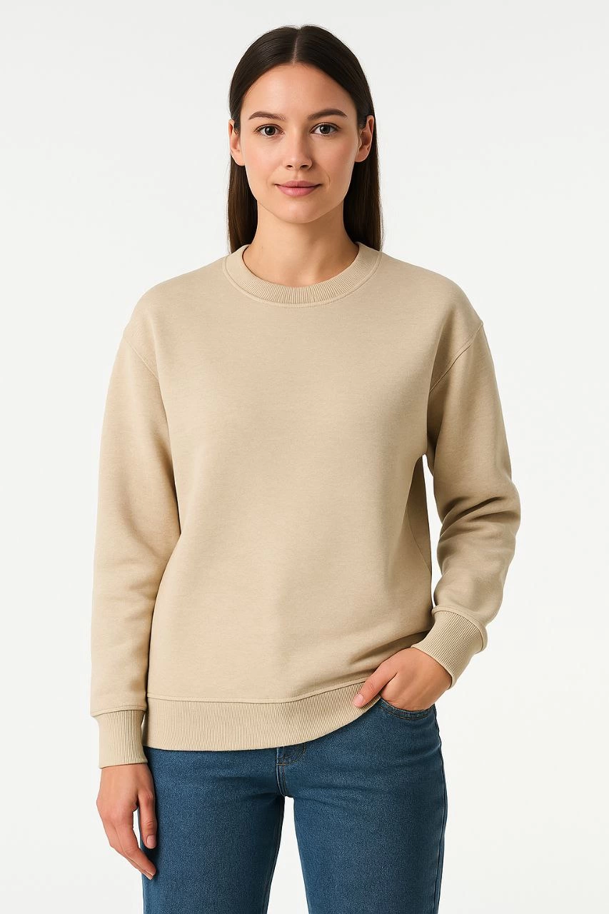 ASSEMA Kadın Üç İplik Düz Bisiklet Yaka SweatShirt - Bej