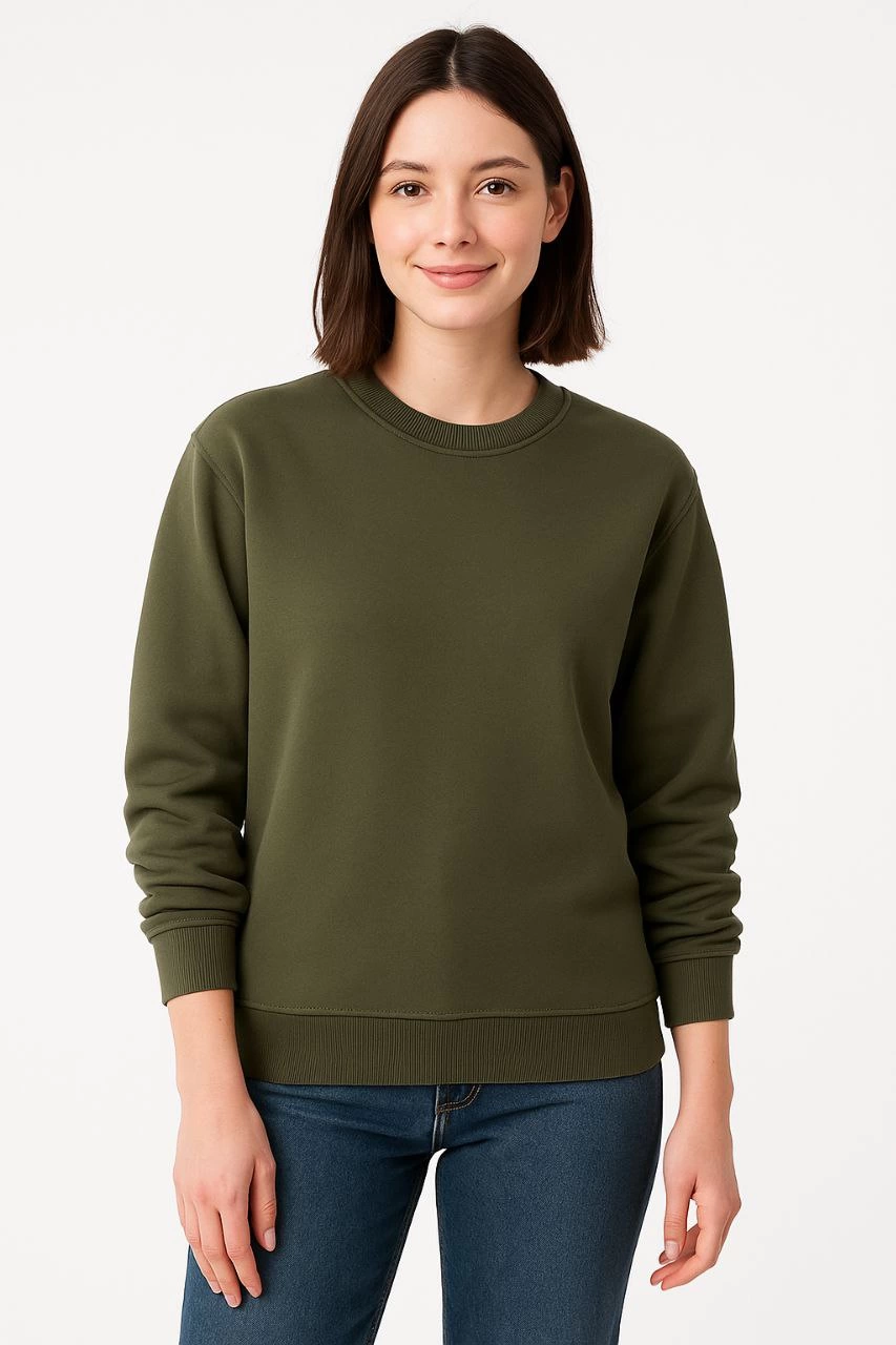 ASSEMA Kadın Üç İplik Düz Bisiklet Yaka SweatShirt - Haki